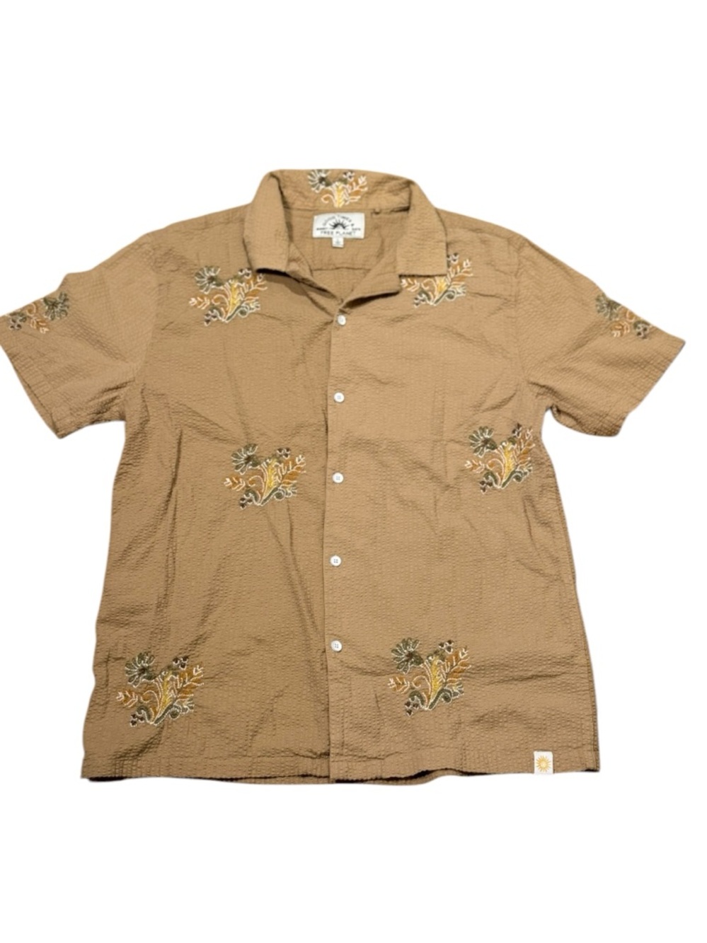 Free Planet Embroidered Seersucker Button Down Shirt in Tan Size Large - Picture 2 of 7